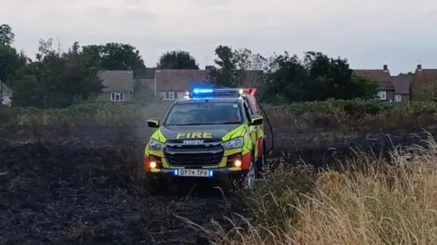 London Fire Brigade A fire brigade vehicle stands on an area of heathland destroyed by fire. Houses are visible in the background. 