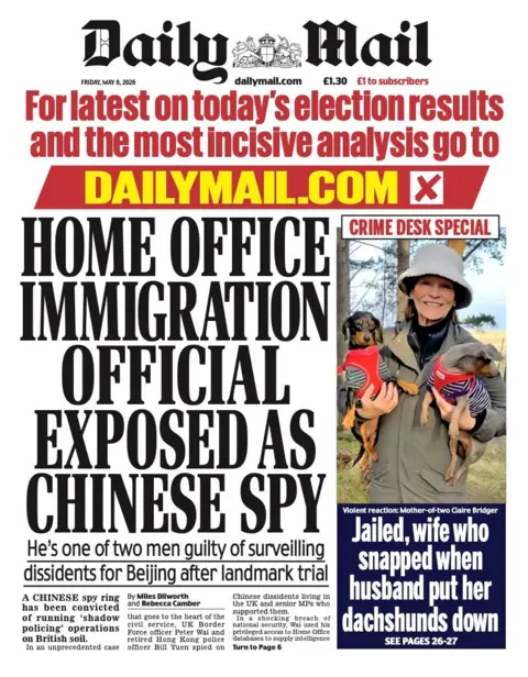 The headline on the front page of the Daily Mail reads: “Home Office immigration official exposed as Chinese spy”. 