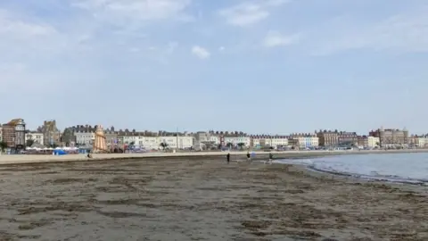 Tide out on beach with seaweed strewn across, yellow and red helta skelta on beach and buildings in background