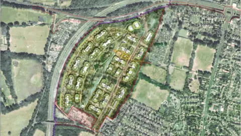 Poppymill Ltd An aerial view of the site from the illustrative masterplan which is part of Poppymill Ltd's planning application. It shows where the land is in relation to the A3, as well as the surrounding houses and countryside.