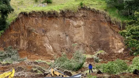 The aftermath of a landslide that shows a portion of green cliff that has given way, exposing dirt, collapsed trees and a person dressed in a blue jacket at the base, in Mount Maunganui, New Zealand.