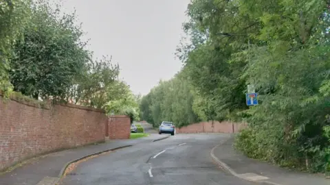 The Spinney is pictured, a long winding road with brick walls on either side.