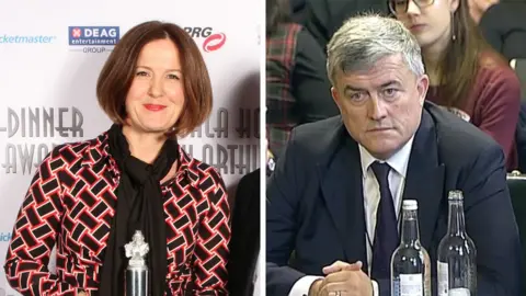 ILMC/UK Parliament A composite image showing Selina Emeny, a white woman with her dark brown hair in a bob, a black and red geometric patterned dress, and a black scarf, receiving an award; and Chris Edmonds, a white man with short grey hair, wearing a dark suit and tie, sitting at a table as he addresses a House of Commons select committee.