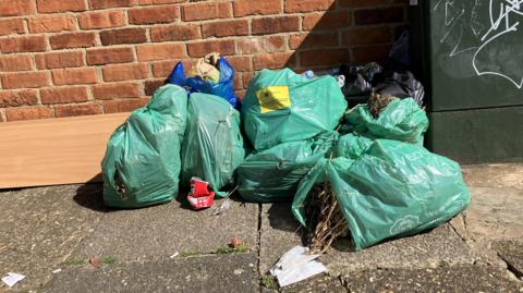 About five or six green bags of rubbish, some are open