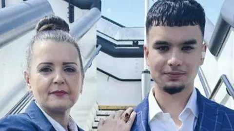 Qureshi family Tatiana on the left, dressed in a blue suit with a white shirt, and who is white with tied back brown hair, and Temur, with a blue suit and white shirt, with a black goatee beard and short, black hair