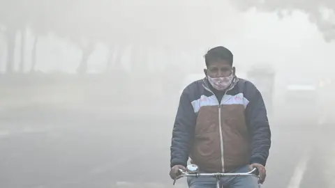 Getty Images A man wearing a face mask and a jacket rides a bicycle on a haze-filled road in Delhi suburb Noida on 15 December. Behind him, the view of trees and traffic get obscured because of smog