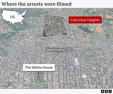 Um mapa de Washington DC com a Casa Branca e a rua em Columbia Heights, a cerca de três quilômetros ao norte, rotulada para mostrar onde as prisões foram filmadas.