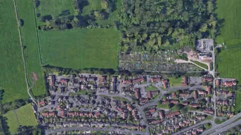A screengrab from Google Maps showing an aerial view of the northern part of the village of Street in Somerset. There are lots of houses in the bottom part of the image with some green fields at the top, where the houses will be built.