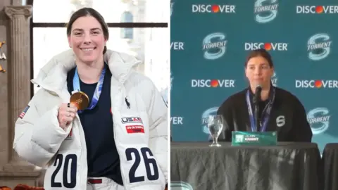 Splitscreen. Left, Hilary Knight shows off her gold medal. Right, speaking at a presser.