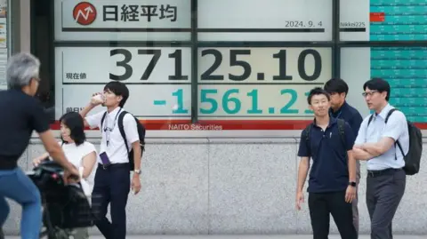 Getty Images People stand in front of board displaying share prices on the Tokyo Stock Exchange.