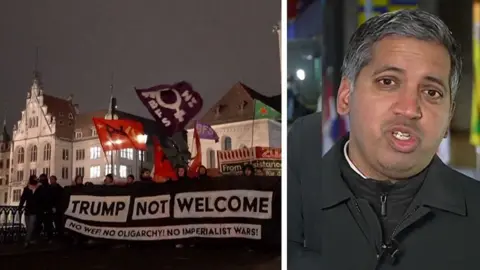 Spilt screen of a man in a black coat and protesters with a sign saying 'Trump not welcome'