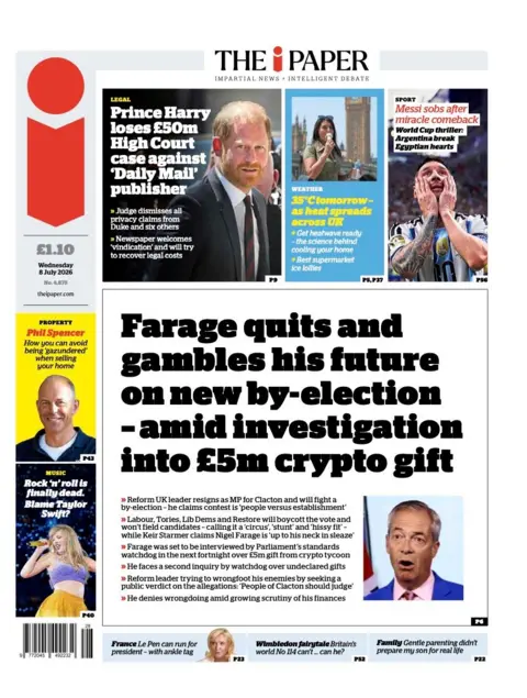 The headline on the front page of the i Paper reads: 'Farage quits and gambles his future on new by-election - amid investigation into £5m crypto gift.'