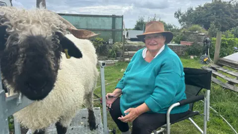 BBC A woman wearing a turquoise jumper and a brown hat, sitting on a black camping chair pruning a sheep