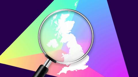 A magnifying glass over a map of the UK with a multicoloured triangle in the background.