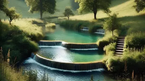 Community Waters CIC A computer-generated image of what one of the pools will look like. It is a tiered infinity pool with three platforms. There is a set of steps to the right, leading down to the bottom pool. In the background there are trees, fields and hedges and a wooden fence on the left. The water is bright green and blue with little splashing waves where water falls from the pool above.