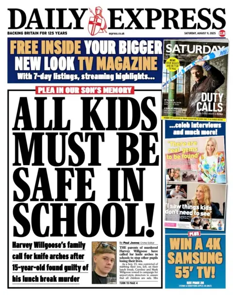 The headline on the front page of the Daily Express reads: "All kids must be safe in school!"