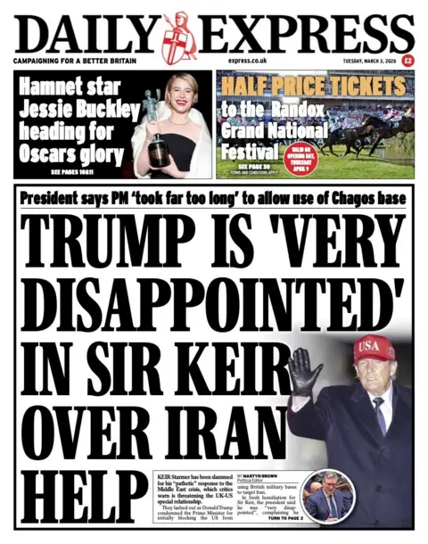 The headline on the front page of the Express reads: “Trump is 'very disappointed' in Sir Keir over Iran help”.