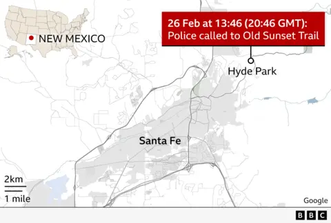 Mapa de Santa Fe, mostrando a localização da casa de Gene Hackman