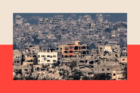 AFP via Getty Images Picture taken from the Israeli side of the border shows destroyed buildings in the northern Gaza Strip on January 13, 2025 