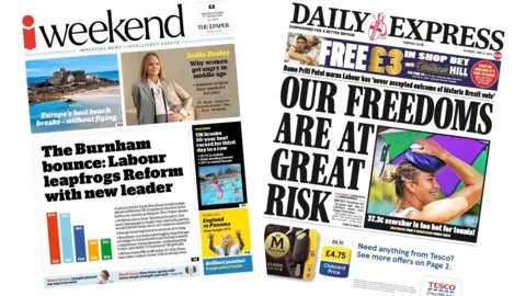 A composite image of the front pages of the i Weekend and the Daily Express on 27 June 2026
