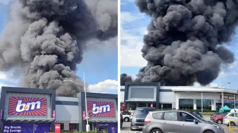 West Midlands Fire Service Two images: plumes of smoke behind a B&M store (left) and a Greggs and Five Guys (right)