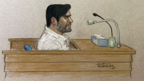 An artists impression of Urfan Sharif in the witness box at the Old Bailey. 