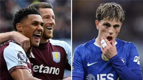 Split picture: Left, Ollie Watkins celebrates for Aston Villa and right, Chelsea's Alejandro Garnacho looks disappointed after a defeat
