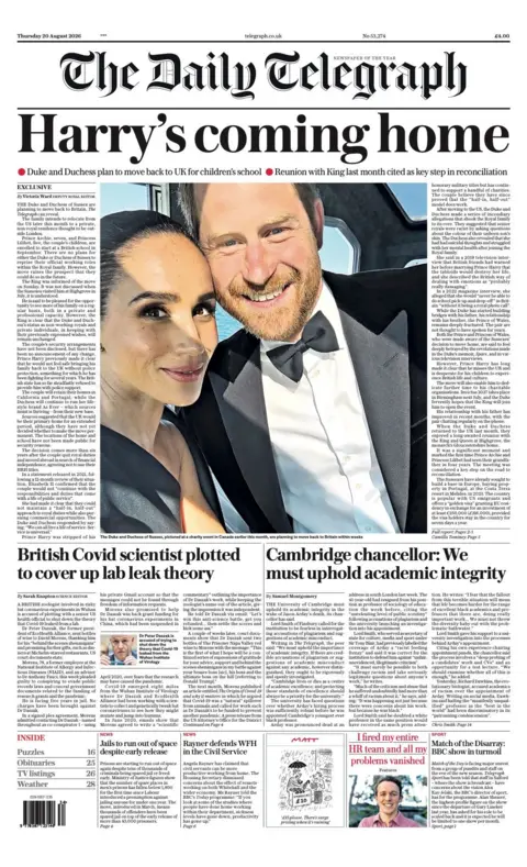 The headline on the front page of the Daily Telegraph reads: "Harry's coming home."