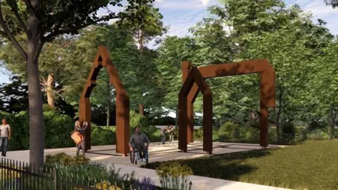 Artist impression of a replacement for Preston Park lodge. It consists of three steel allow girder frames, roughly replicating the existing lodge which will be demolished. Five people - including a man in a wheelchair - are depicted on the paved area surrounding it. There are trees to two sides of it