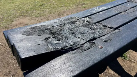 Swindon Borough Council A black picnic bench has two large markings which are damage caused by fire from disposable BBQs.