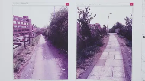Metropolitan Police Two colour photographs from 1984 of a long, narrow paved footpath stretching into the distance, bordered on both sides by dense overgrown bushes and trees, with a lamppost and wire fencing to one side.