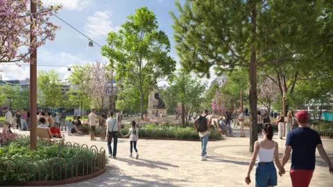 Virtual Planit Image is an artist's impression of how Piccadilly Gardens will look if the council's plans go ahead. There are lots of trees in planted areas surrounded by knee-high decorative fencing. People are walking around the site in the sunshine. 