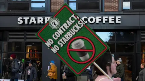 Bloomberg via Getty Images Starbucks Workers United members and supporters picket outside a Starbucks store in the Brooklyn borough of New York, US, on Thursday, Nov. 13, 2025. 