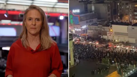 Blonde women in red split screen with crowds on the street.