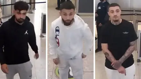 Counter Terrorism Policing A composite image of three pictures from Heathrow security cameras of men in leisure wear.