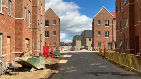 BBC/Matt Knight A view looking at homes and flats either side of a makeshift road on the Beaulieu Park estate in Chelmsford