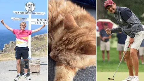Three side-by-side images; on the left, a young man with blonde hair wearing sports gear holds his arms up in the air. In the middle, a ginger cats sleeps curled up on a sofa. On the right, a male golfer holding a golf club celebrates.
