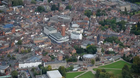 Getty Images Shrewsbury from the air with a number of buildings with a park in the foreground