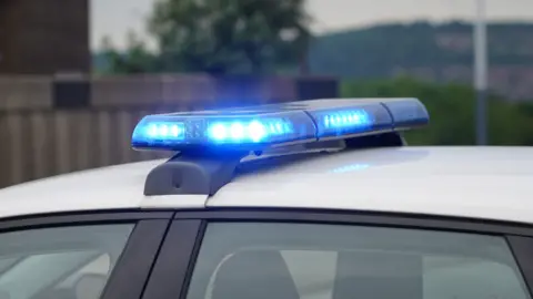 Stock image of the top of a police car which has its blue lights turned on. 