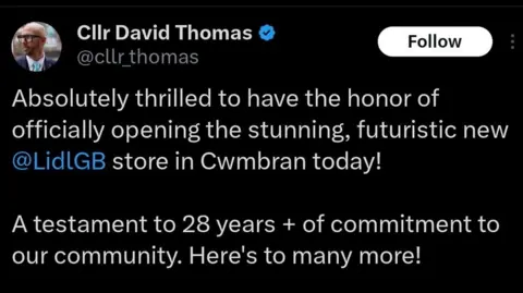 David Thomas/X A screenshot of a deleted post on X. Other than the words in the story, it adds: "A testament to 28 years and of commitment to our community. Here's to many more!". 