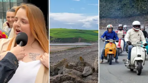 Three images, the first is a woman with auburn hair who has a tattoo of Jane McDonald lyrics on her chest. The second is a beach in Cumbria, and the third is a group of mods on mopeds. 