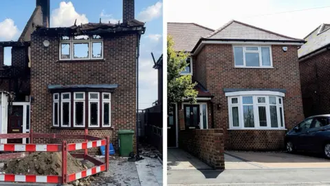 Two side-by-side images - one of a burnt-out house on the left with red railings in the front and on the right and today after being rebuilt. There is a black car on the drive.