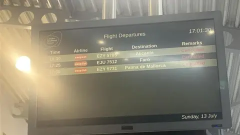 Contributed A photo of a screen in the airport with flight departures. There is one to Alicante, Faro and Palma de Mallorca. All three say cancelled. 