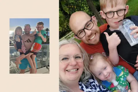Two images, the one on the left is of Ciaran and his children and on the right him with his partner and children