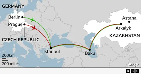 Χάρτης που δείχνει τη διαδρομή προς το Καζακστάν από την Ευρώπη