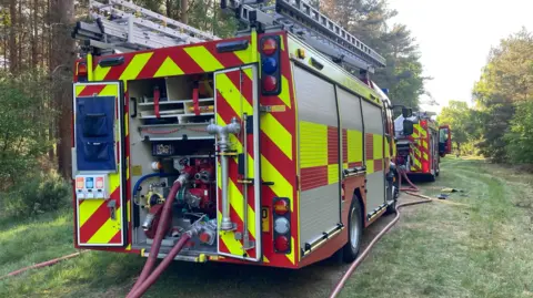 Jenny Kirk/BBC Two parked fire engines in a forest. The back doors are open on both and hoses have been attached. The red hose pipes are thick and have been lay along the grass .