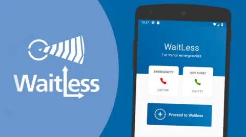 NHS A blue and white logo with text saying 'Wait Less' on the left. A phone with the app on on the right. 