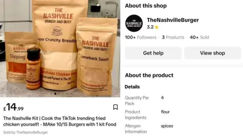 TikTok A Nashville burger kit containing ingredients to bread and spice chicken is pictured next to its product description which simply states the ingredients as flour and the allergen information as spices even though this is inaccurate and leaves out important information
