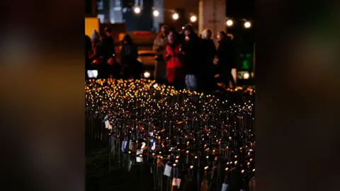 Laura Gates Hundreds of steel flowers lit up in the garden of St Luke's Bombed Out Church in the evening with people blurred out in the background looking at the artwork. 
