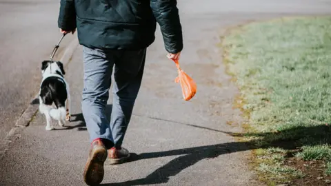 A man is walking with a small black and white dog. He is holding a orange dog poo bag and walking down a path with a patch of grass to the right.